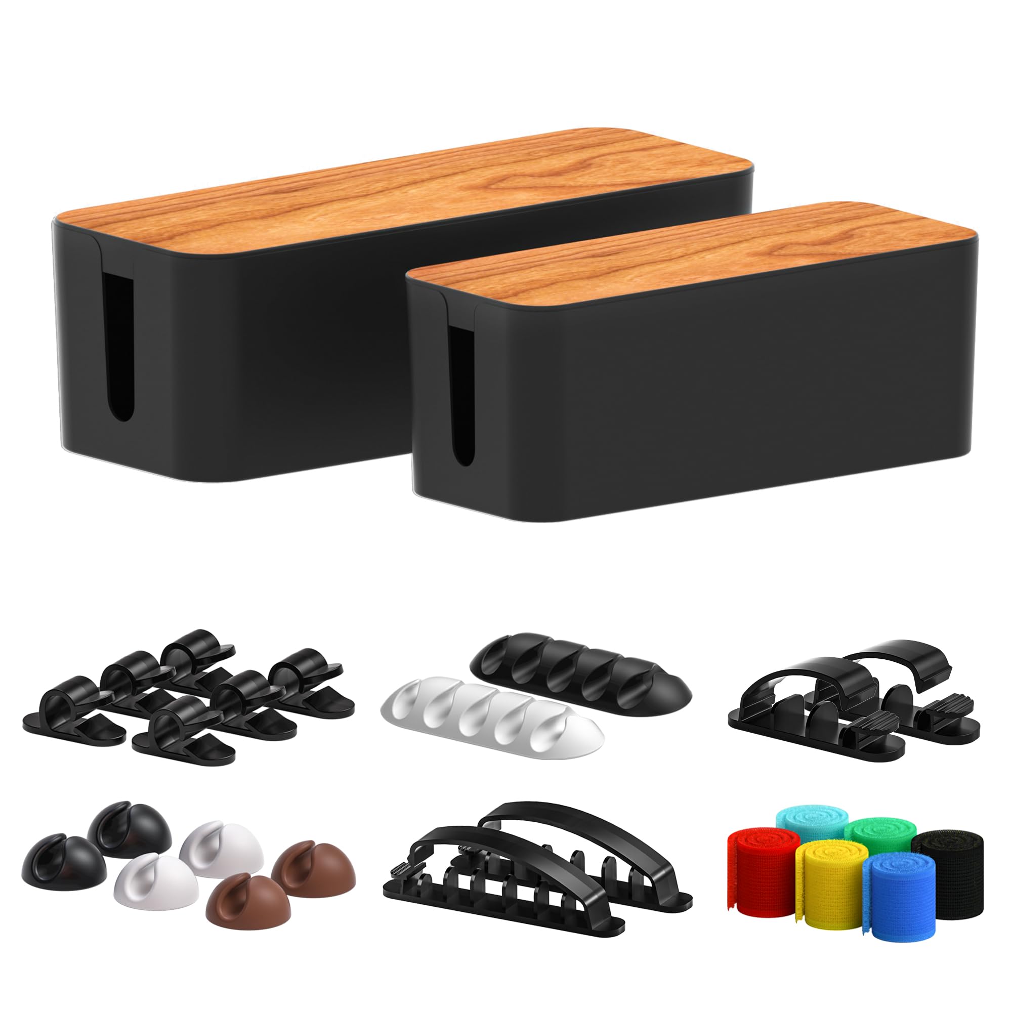 Cable Management Box 2 Pack with 16 Cable Clips Set-Large & Medium & Small Wooden Style Cable Organizer Box to Hide Wires&Power Strips | Cord Organizer Box | Cable Organizer for Home & Office [Black]